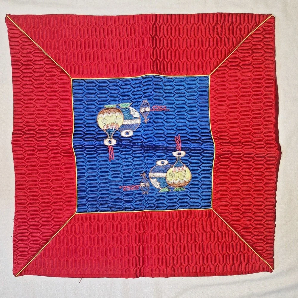 Vintage Korean Joseon Style Embroidered Satin Pillow Covers Pair Hyungbae Folk A
